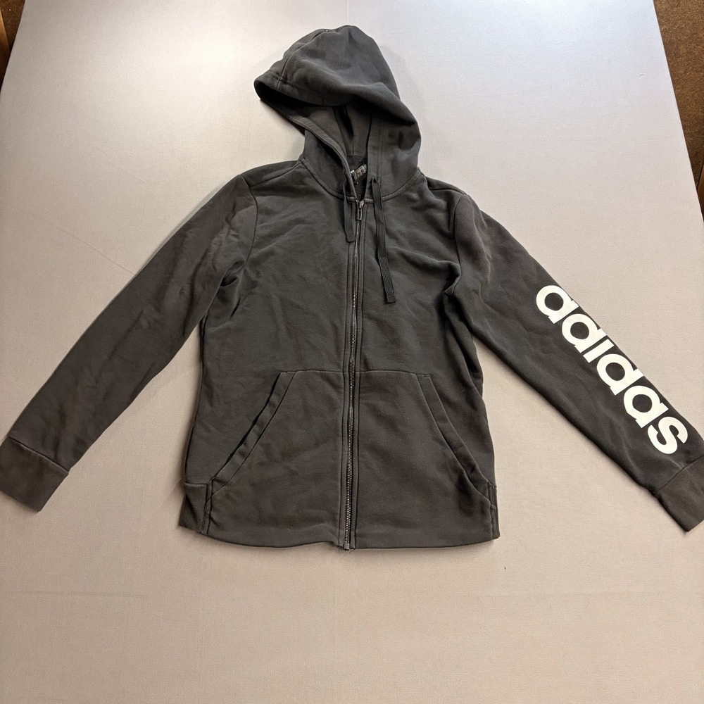 adidas Women’s Large Black Full Zip Hoodie Spellout Logo Sleeve Athletic